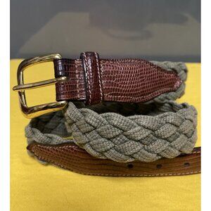 Vintage Genuine Brown Lizard & Woven Olive Cotton Mens Brass Buckle Belt Size M